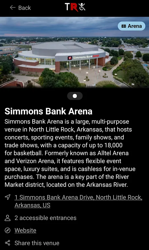 The Rockin' Chair app showing the Simmons Bank Arena venue listing with its description, address and accessible entrances