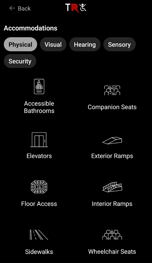 The Rockin' Chair app showing a venue's physical accommodations: accessible bathrooms, companion seats, elevators, ramps and wheelchair seats