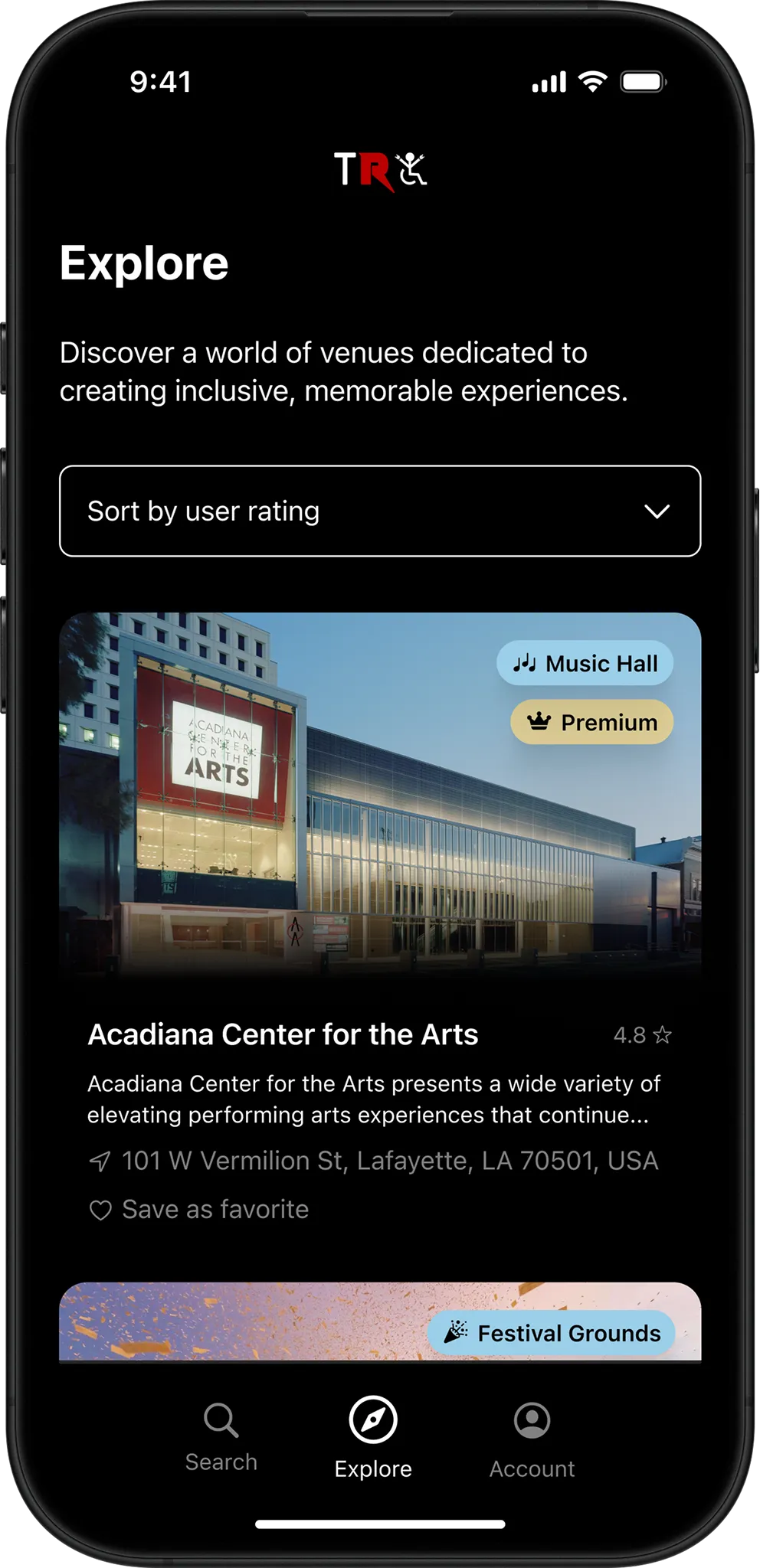 App screenshot: explore venues step